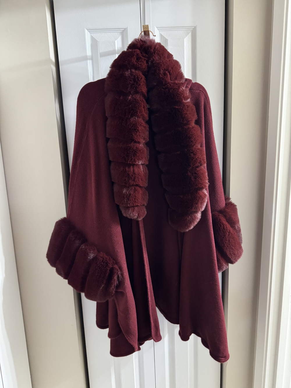 Plush Faux Fur-Trim Sweater/Jacket - Burgundy